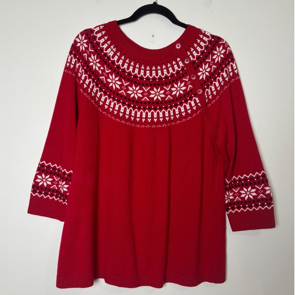 Talbots Womens Fair Isle Sweater 1X Sequin Wool Blend 3/4 Sleeve Nordic Holiday